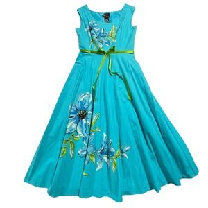 KS Collection Cotton Fit & Flare Dress Sz 6 Watercolor Floral Midi Ribbon Belt